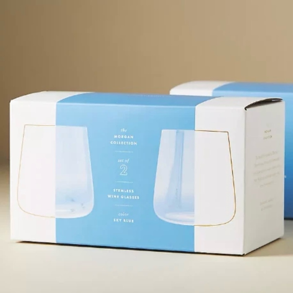 Anthropologie Morgan Stemless Wine Glasses Sky Blue Set of 2 - New in Box